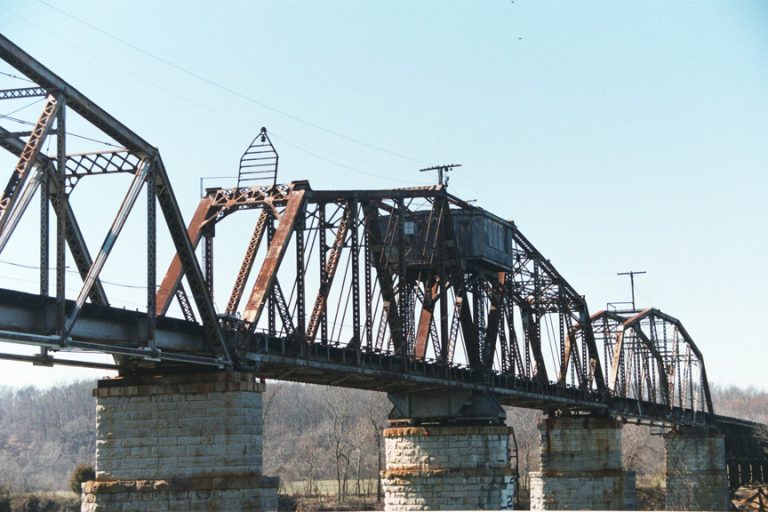 The historic swing bridge over the Cumberland River in Clarksville, Tennessee.