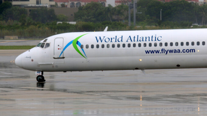 A World Atlantic Airlines flight taxis at Miami International Airport on July 26, 2015.