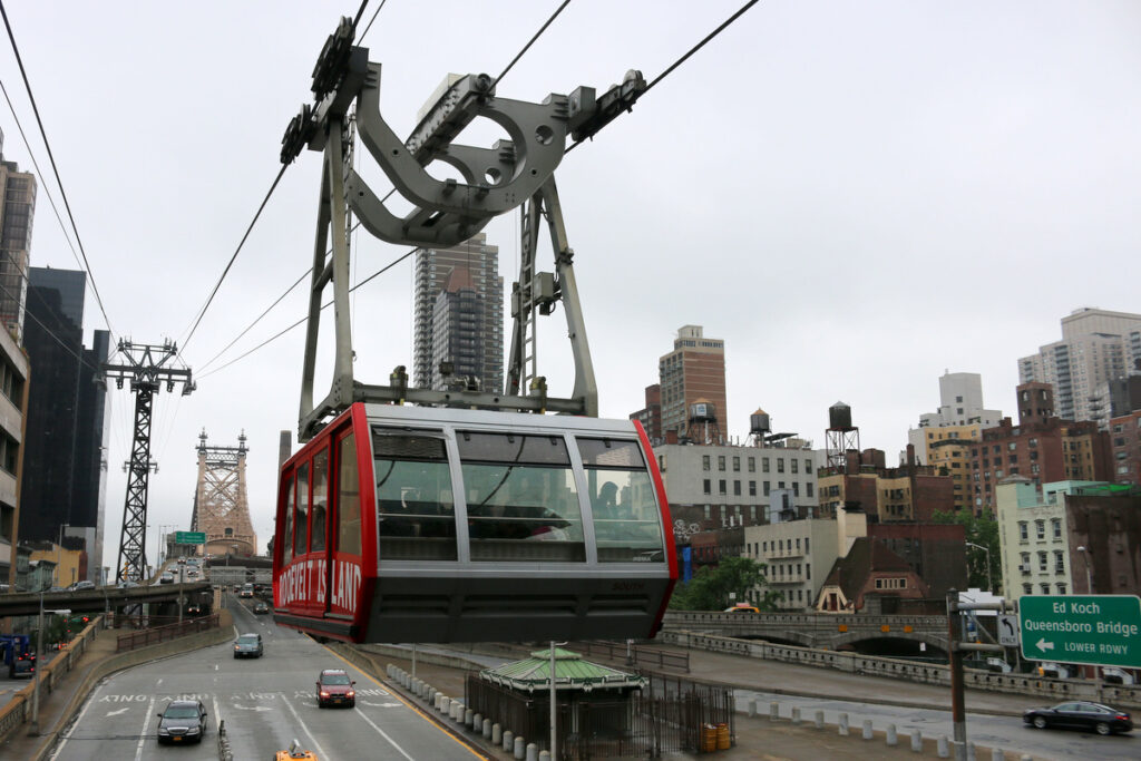 A Roosevelt Island Tramway car pulls into the Manhattan station on May 30, 2016.