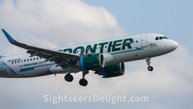 A Frontier Airlines plane lands at Hartsfield-Jackson Atlanta International Airport.